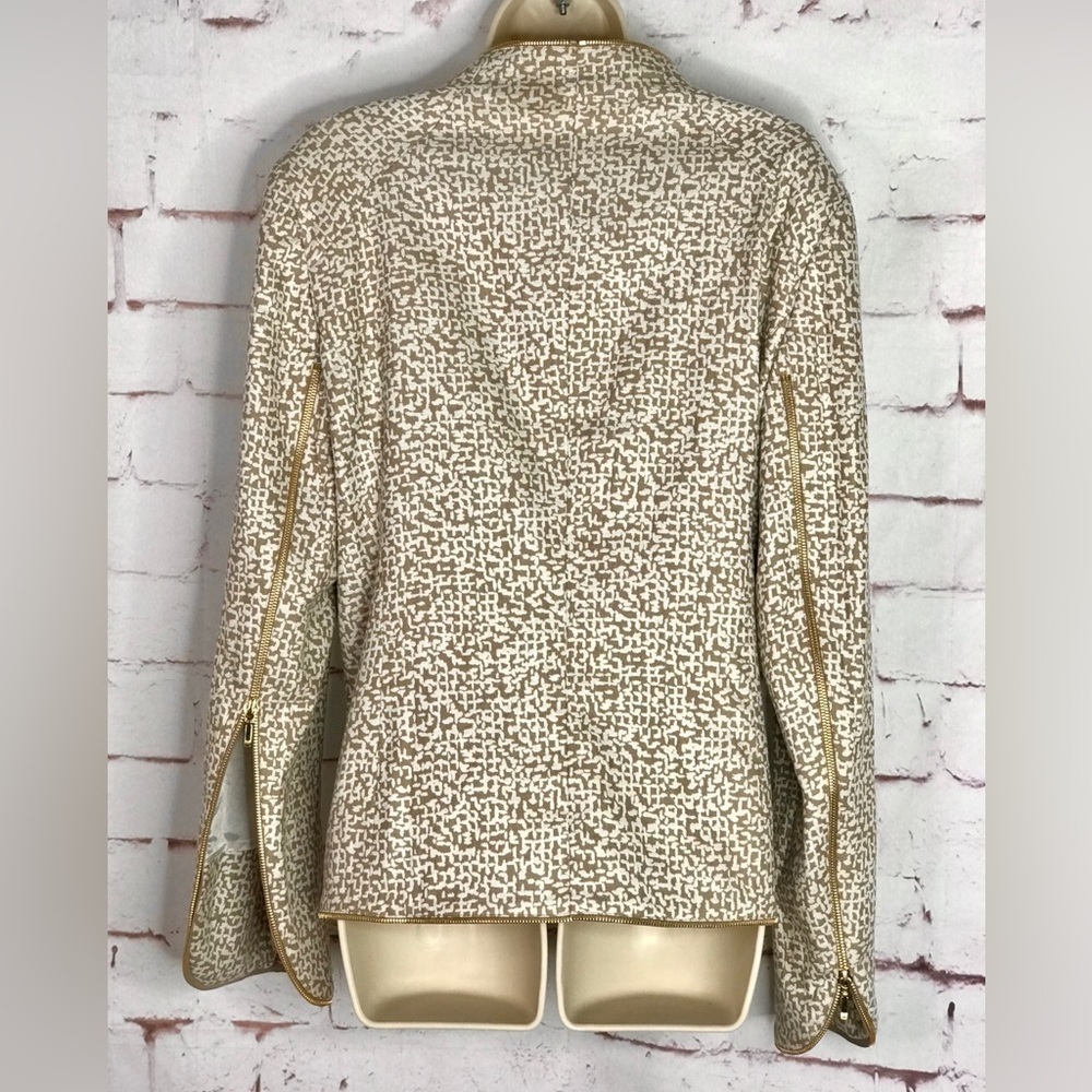 ESCADA M Tan & Cream print Gold Zipper detail Moto vibe Size EU 44 jacket blazer - Picture 4 of 15